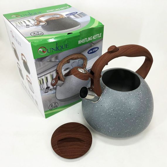 Чайник Unique со свистком UN-5306 2,7л мрамор, чайник для газовой плитки, чайник на плиту. Цвет: серый | Зображення 3