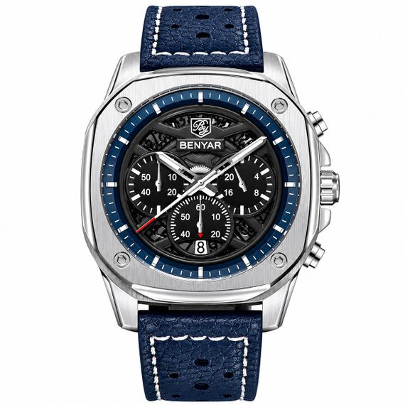 Чоловічий годинник Benyar BY-5222 Blue-Silver зі сталевим браслетом та синім циферблатом