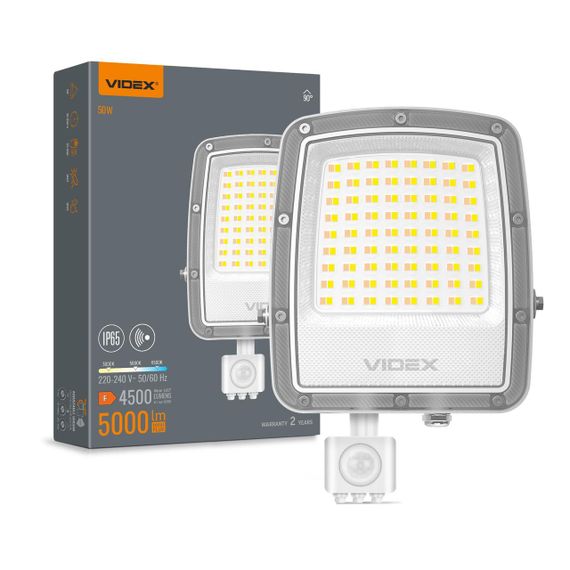 Світлодіодний прожектор VIDEX F5 50W 3000-5000-6500K з датчиком руху 230V White (VL-F5-050CW-S)