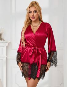 Халат з мереживом Star Night з поясом та стрінгами, червоно-чорний, XS-S Sex Aura