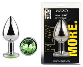 Анальна пробка EGZO Silver Round Plug Green S, металева анатомічна з зеленим кристалом Sex Aura