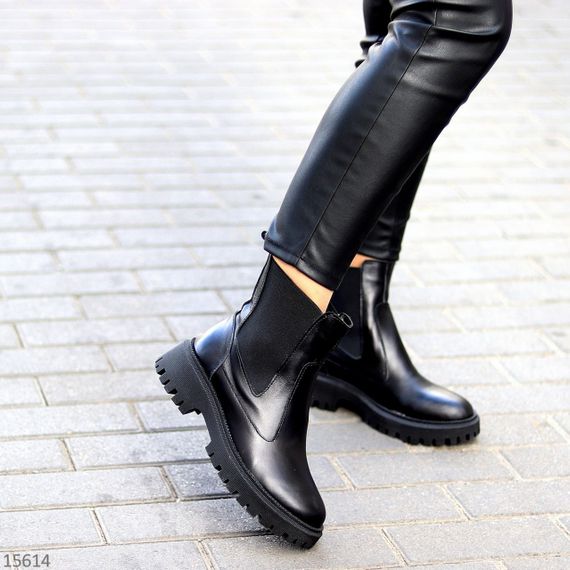 Стильні чорні шкіряні зимові чолсі черевики низький хід | Зображення 6