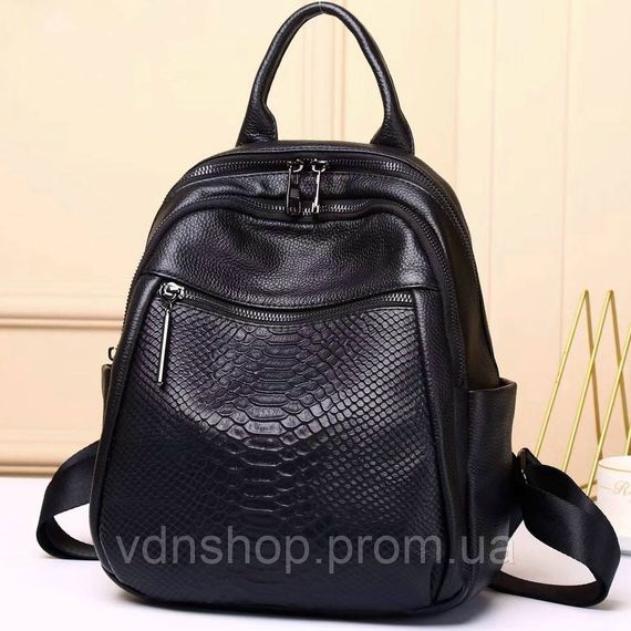 Рюкзак жіночий шкіряний з тисненням під рептилію 23х30х13, сумка наплічна для міста, чорна | Зображення 4