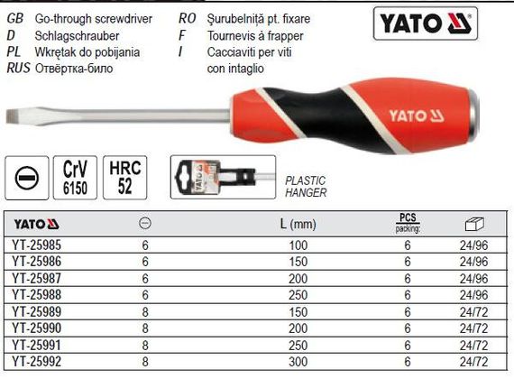Отвертка YATO викрутка шліцева ударна l=200 мм шліц=8 мм YT-25990