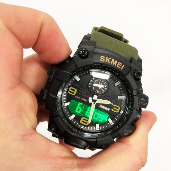 Годинник наручний чоловічий SKMEI 1586AG ARMY GREEN, чоловічий армійський водостійкий тактичний. Колір: зелений | Зображення 1