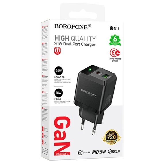 МЗП Borofone BN19 Intenso PD20W+QC3.0 (1USB-A/1C) Black | Зображення 1