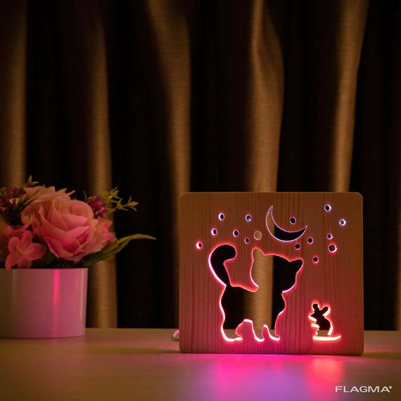 Светильник ночник ArtEco Light из дерева LED "Кот и мышка под луной" с пультом и... | Зображення 9