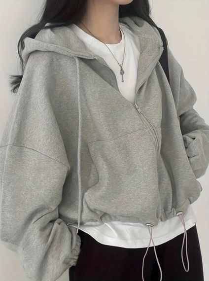 Женское укороченное худи оверсайз на молнии с капюшоном цвет серый размер 42/48  HI2731