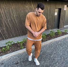 Мужской летний спортивный костюм в стиле оверсайз штаны + футболка FD201 цвет мокко, размер XL