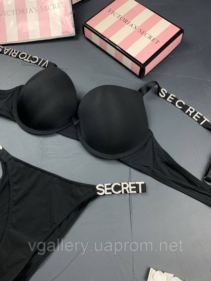 Комплект чорного жіночої нижньої білизни Victoria's Secret Модель Букви Стрази Вікторія Сікрет | Зображення 4