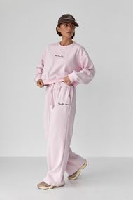 Спортивний костюм із плюшевим начісом з коротким світшотом та штанами палаццо - пудра цвет, S/M (є розміри)