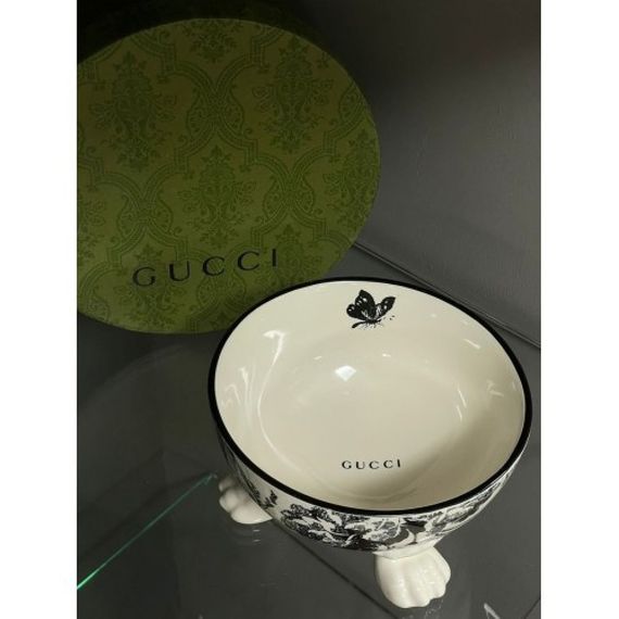 Брендовая керамическая миска для животных собак и котов GUCCI с цветам на лапках, синяя | Зображення 5