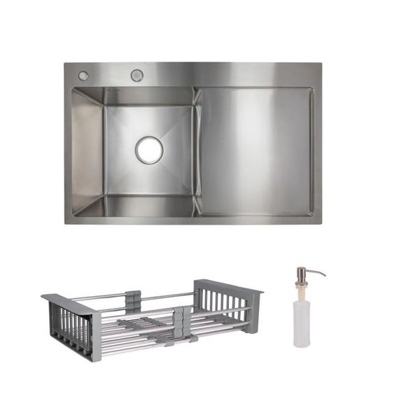Комплект Lidz Handmade H7849R Мийка для кухні інтегрована крило праворуч Brushed у комплекті з дозатором + Lidz K01G Кошик для