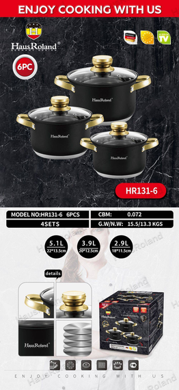 Набір каструль Haus Roland HR131-6, 3 шт. з неіржавкої сталі 2,9/3,9/5,1 л. Чорний (HR131-6) | Зображення 1