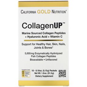 Комплекс для кожи, волос, ногтей California Gold Nutrition CollagenUp, Marine Hydrolyzed Collagen + Hyaluronic Acid + Vitamin C, (5,15 g) x 10 packs Unflavored
