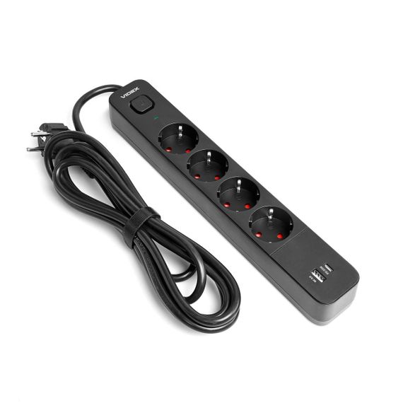 Мережевий подовжувач VIDEX ONCORD з/з 4п 3м (3x1.5мм) 3.4А USB(QC3.0) +USB-C(PD20W) з кнопкою Black | Зображення 1