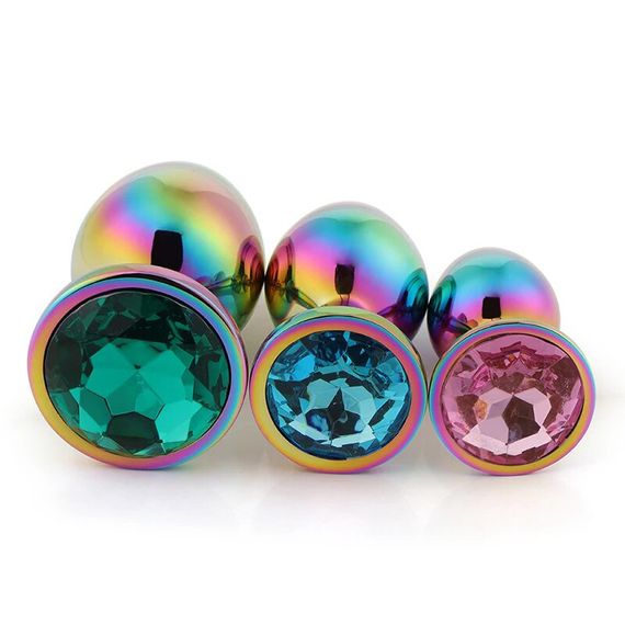 Набір металевих анальних пробок із райдужними стразами (розмір S, M, L) | Зображення 4