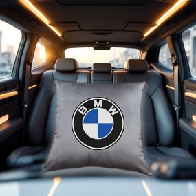 Авто Подушка c вышивкой логотипа марки бмв BMW серый автомобилисту 00454