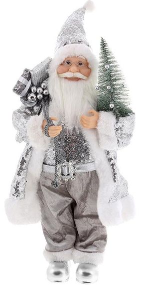 Інтерєрна новорічна фігурка Santa з подарунками з ялинкою 45см срібло з паєтками