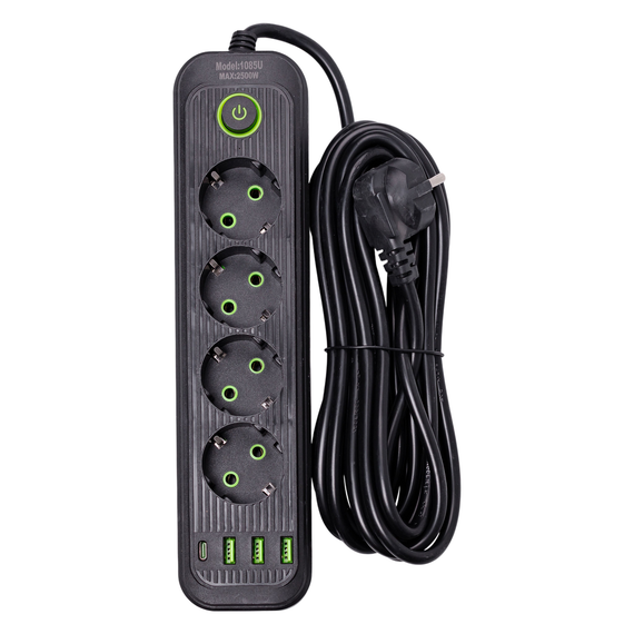 Мережевий фільтр 4.35 м подовжувач на 4 розетки з 3 USB 1 Type-C та кнопкою відключення HP-5-14