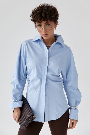 Класична однотонна сорочка з драпіруванням - блакитний цвет, ONE SIZE (є розміри) | Зображення 5
