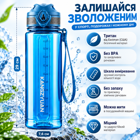 Бутылка для воды KANGZYUAN 700 мл спортивная голубая из тритана Tritan BPA Free, ударопрочная, герметичная, с ремешком | Зображення 1