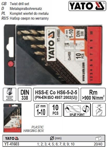 Набор сверла по металлу YATO Польша Co-HSS Ø=1-10 10 штук YT-41603