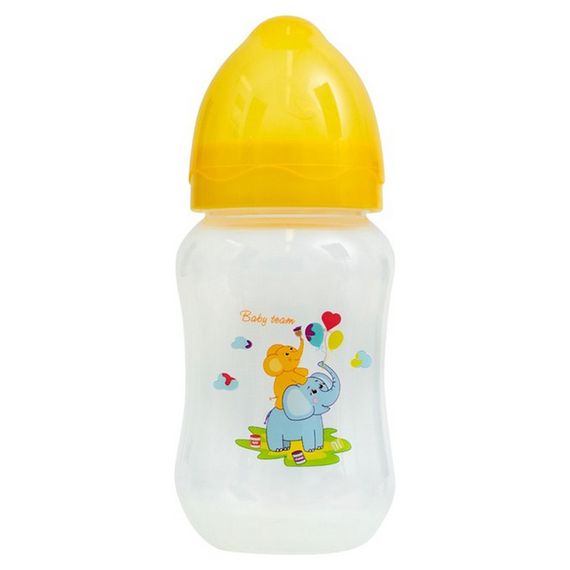 Бутылочка для кормления с широким горлышком и силиконовой соской 1002 жовтий 250 мл