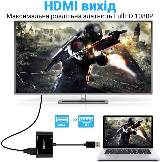 Многофункциональный USB хаб для ноутбука Addap MH-12 для передачи видео, переходник с USB 3.0 на 2 порта HDMI+VGA | Зображення 7