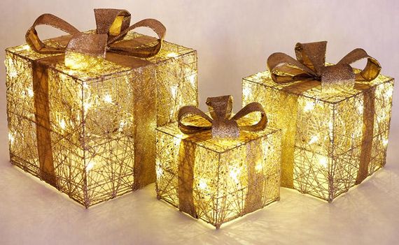 Набір декоративних подарунків - 3 коробки 15х20см, 20х25см, 25х30см з LED-підсвіткою, шампань з золотом | Зображення 1