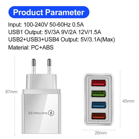 Сетевое зарядное устройство с 4 USB-портами и поддержкой быстрой зарядки, 3.1А | Зображення 5