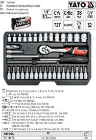 Набор головок торцевых YATO Польша 1/4'' М=3.5-14 38 штук YT-14471