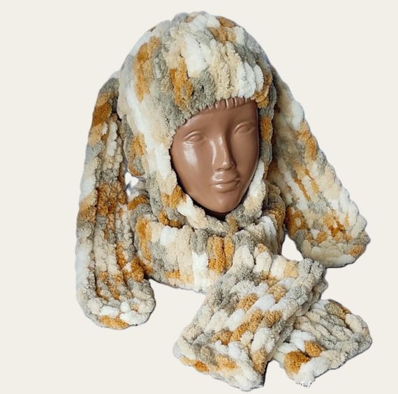 Балаклава колір 5926 плюшева з вушками зайчика + мітенки | Зображення 2