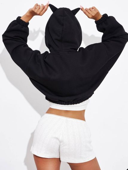 Женское теплое укороченное худи на флисе с рожками LU607, черный, размер 46/48 | Зображення 5