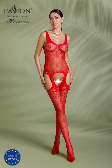 Бодістокінг Passion ECO BS008 red, з доступом, флористичний декор, імітація підв’язок, S/M/L | Зображення 2