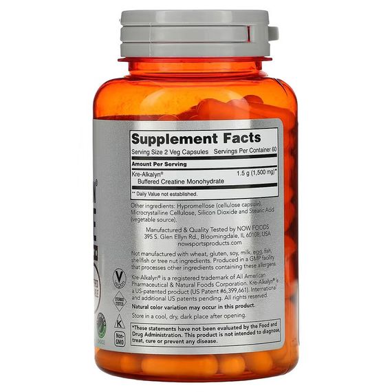 Креатин Now Kre-Alkalyn Creatine, 1,500 mg, 120 Capsules (750 mg per Capsule) | Зображення 1
