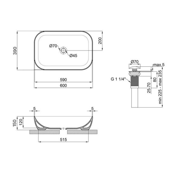 Комплект Qtap Robin: Раковина накладна прямокутна 600x390x150 мм White + Донний клапан PU02 | Зображення 1