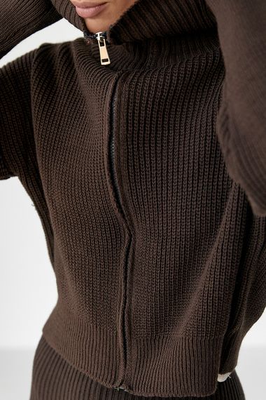 В'язаний короткий кардиган з довгим коміром - темно-коричневий цвет, ONE SIZE (є розміри) | Зображення 3