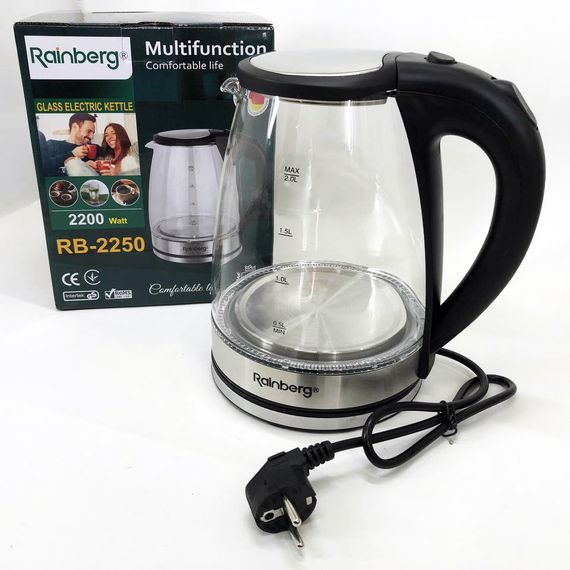 Электрический стеклянный чайник Rainberg RB-2250 с LED подсветкой 2200 BU-705 Вт 1.8л | Зображення 1