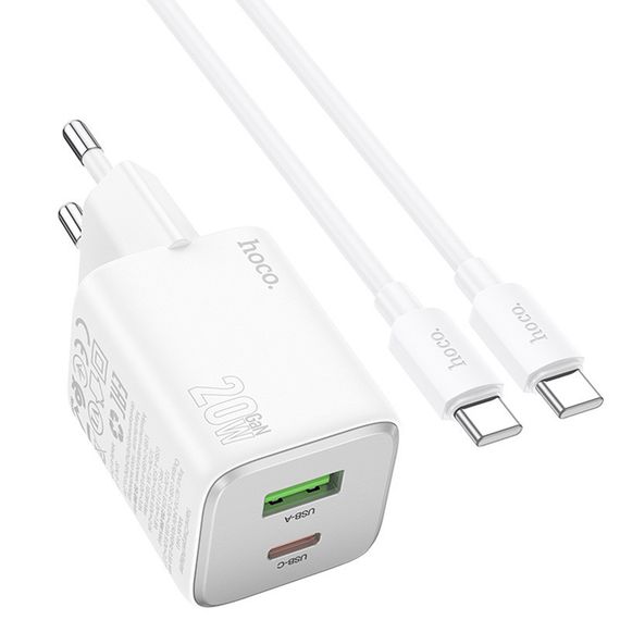 МЗП Hoco N41 Almighty PD20W+QC3.0 (1USB-A/1C) + кабель Type-C to Type-C White | Зображення 2