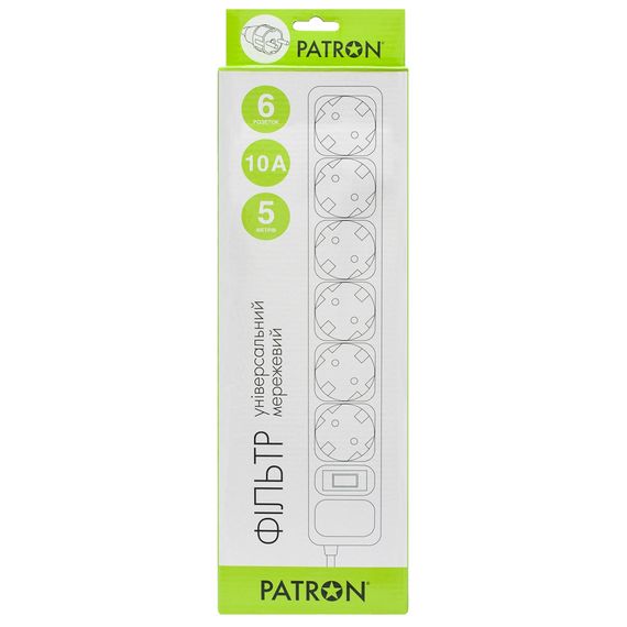 Мережевий фільтр живлення Patron 5m (SP-1065W), 6 розеток White (EXT-PN-SP-1065W) | Зображення 1