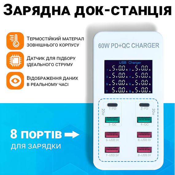 Мережевий зарядний пристрій на 8 роз'ємів Addap WLX-A8T: Type-C + USB-A із підтримкою PD 3.0 та QC 3.0 швидкої зарядки | Зображення 3