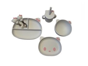 Детский силиконовый набор посуды для кормления Hello Kitty (розовый бант) 6 предметов