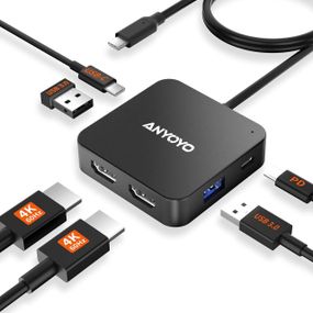 USB C Hub з 2 HDMI, ANYOYO Dual 4K 60 Гц, порт даних USB C, 100 Вт PD, 5 Гбіт/с USB 3.0, багатопортовий адапте