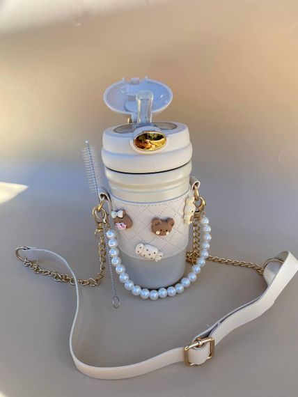 Термос непроливайка поїльник з трубочкою 480мл Бежевий Зайчик +щіточка в подарунок | Зображення 1