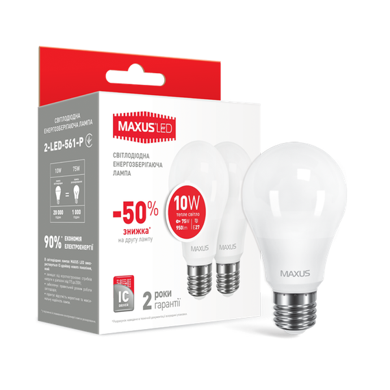 LED лампа Maxus A60 10W 3000K (950Lm) 220V E27. 2-LED-561-01. Акционная упаковка