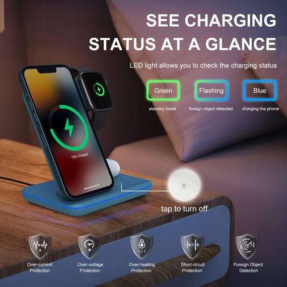 Бездротова зарядна станція 3в1 Minthouz, 18W, для iPhone, Apple Watch, AirPods, QC3.0, Type-C, синя | Зображення 5