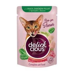 Повнораціонний консервований корм для котів Delickcious шматочки з качкою, курячим філе і шпинатом в соусі, 85 г