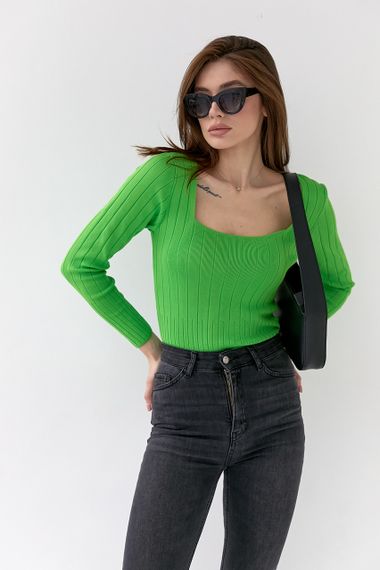 Укороченная кофта в рубчик с квадратным вырезом зеленый цвет ONE SIZE | Зображення 6