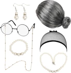 Перука бабусі сива з гулькою, комплект для образу старої леді з окулярами, намистом, сережками для виступів, косплею, Хелловіну